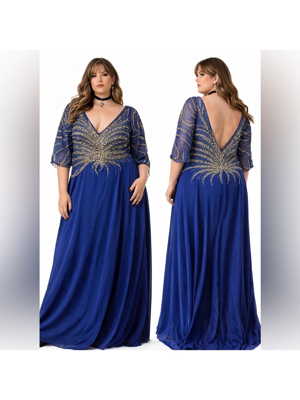 Y2K Beaded Blue Chiffon Maxi Gown Butterfly-Inspired Plus Size 3X Statement Glam